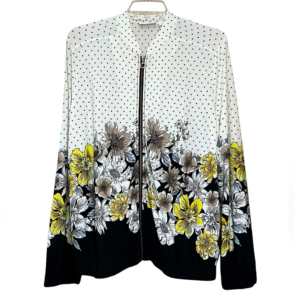 Susan Graver white black yellow floral polka dot lightweight jacket size XL